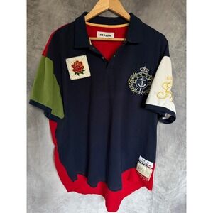 Reason Brand Mens Colorblock Polo Shirt Navy Red Patchwork Crest Rose XXL